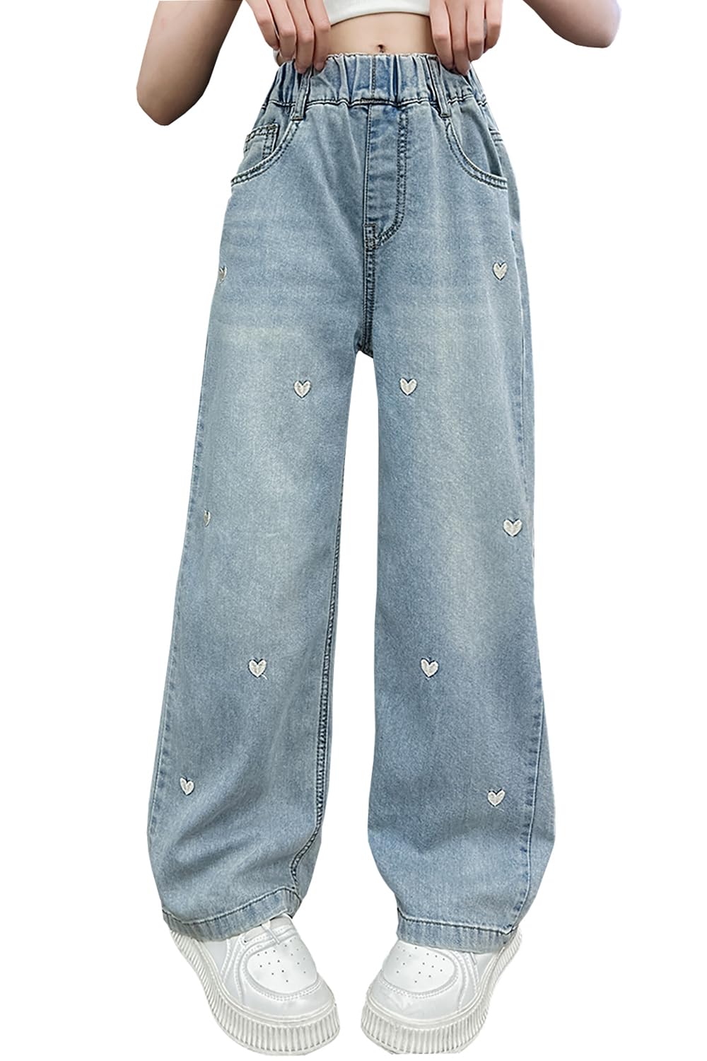 AOWKULAE Girls Baggy Jeans Wide Leg Cargo Denim Pants Kids 5-16Y