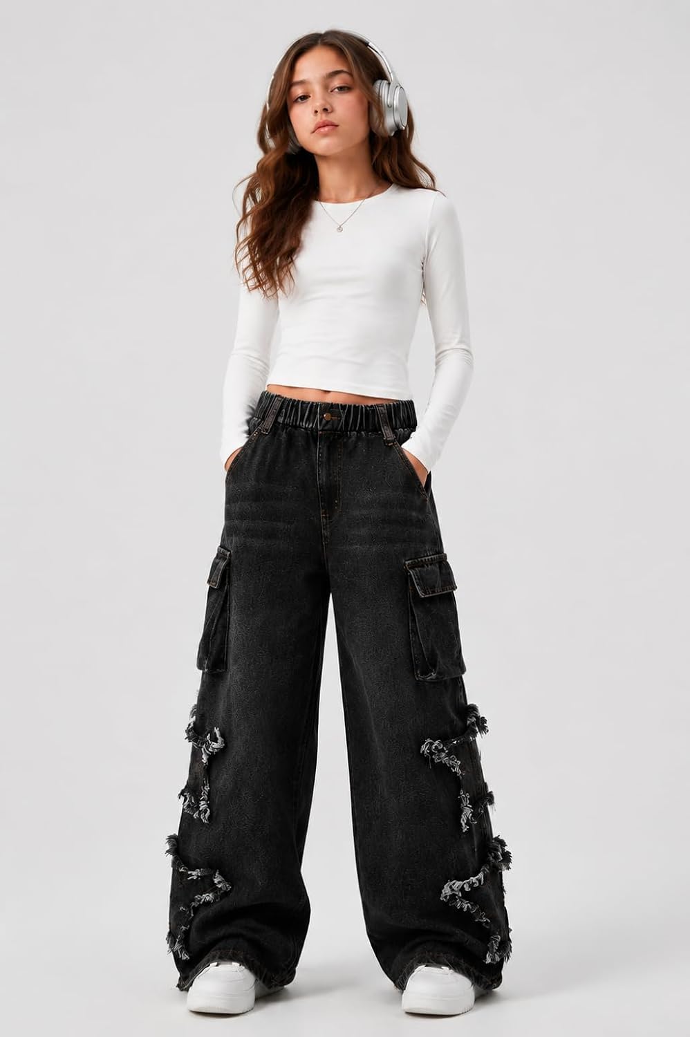 Girls Wide Leg Jeans Elastic Waist Baggy Denim Cargo Pants Size 7-14