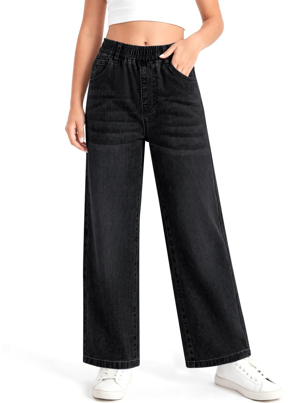 Haloumoning Girls Baggy Wide Leg Jeans High Elastic Waist Denim Pants