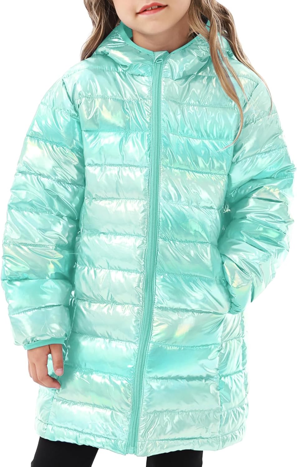 Girls Winter Coat, Long Metallic Puffer Jacket