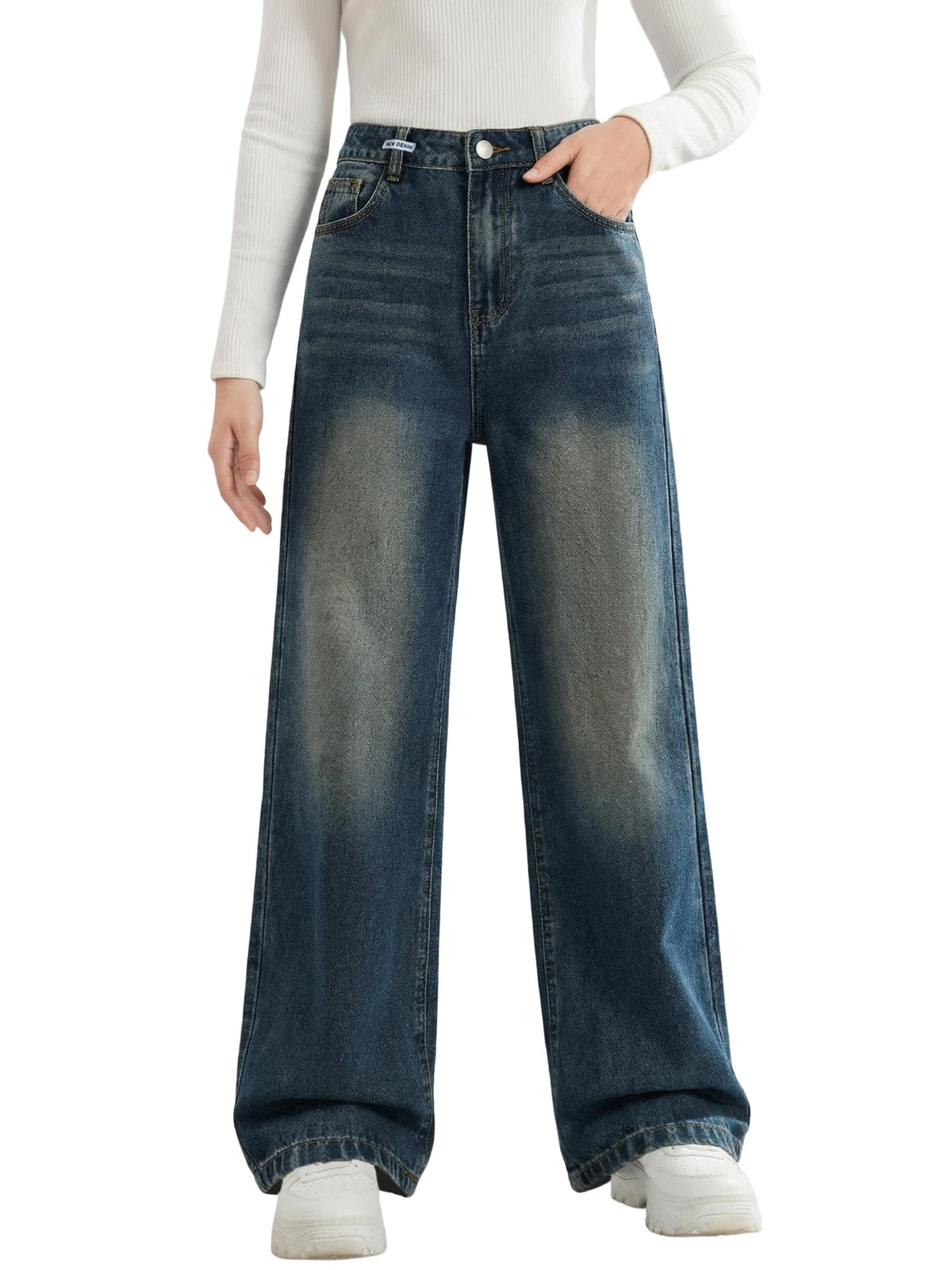 Girls Baggy Jeans Wide Leg Denim Pants Elastic Waist Pockets Kids Teen