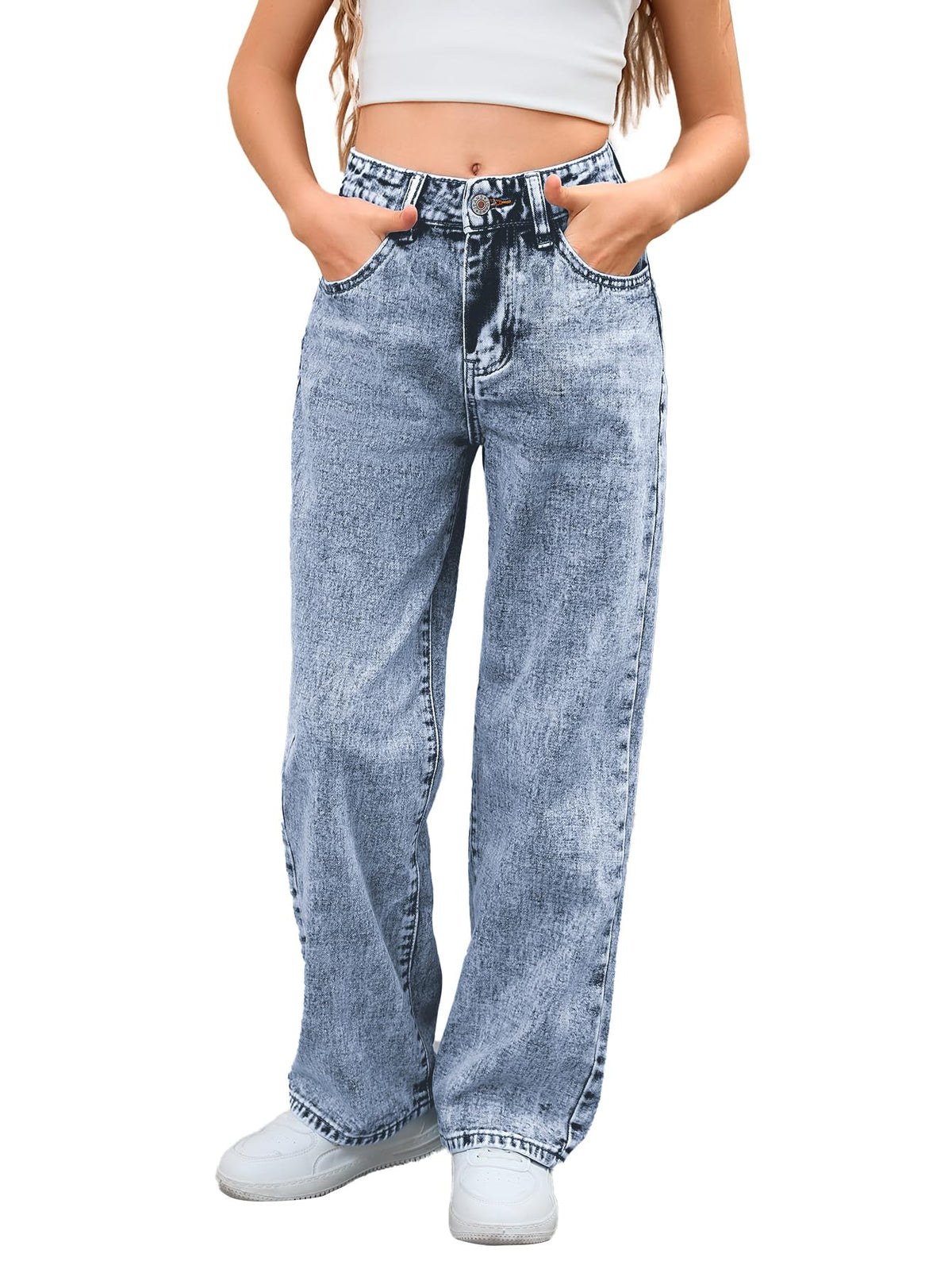 MakeMeChic Girl's Baggy Jeans Wide Straight Leg Denim Pants Kids 4-16Y