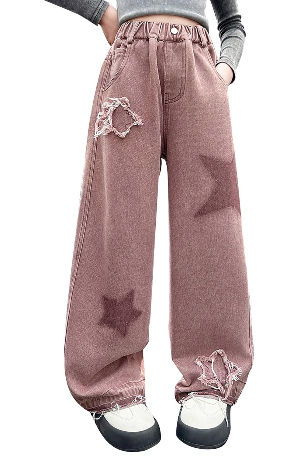 AOWKULAE Girls Baggy Jeans Wide Leg Cargo Denim Pants Kids 5-16Y