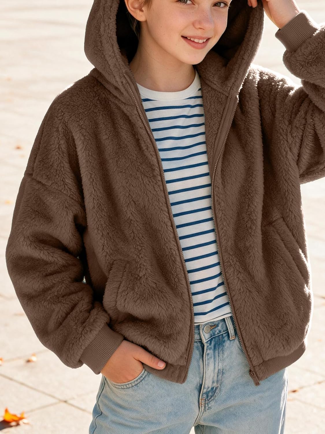 Putysenxi Girls Zip Up Fleece Jacket Stand Collar Sherpa Coat Kids Loose Fall Winter Soft Fuzzy Outerwear with Pockets