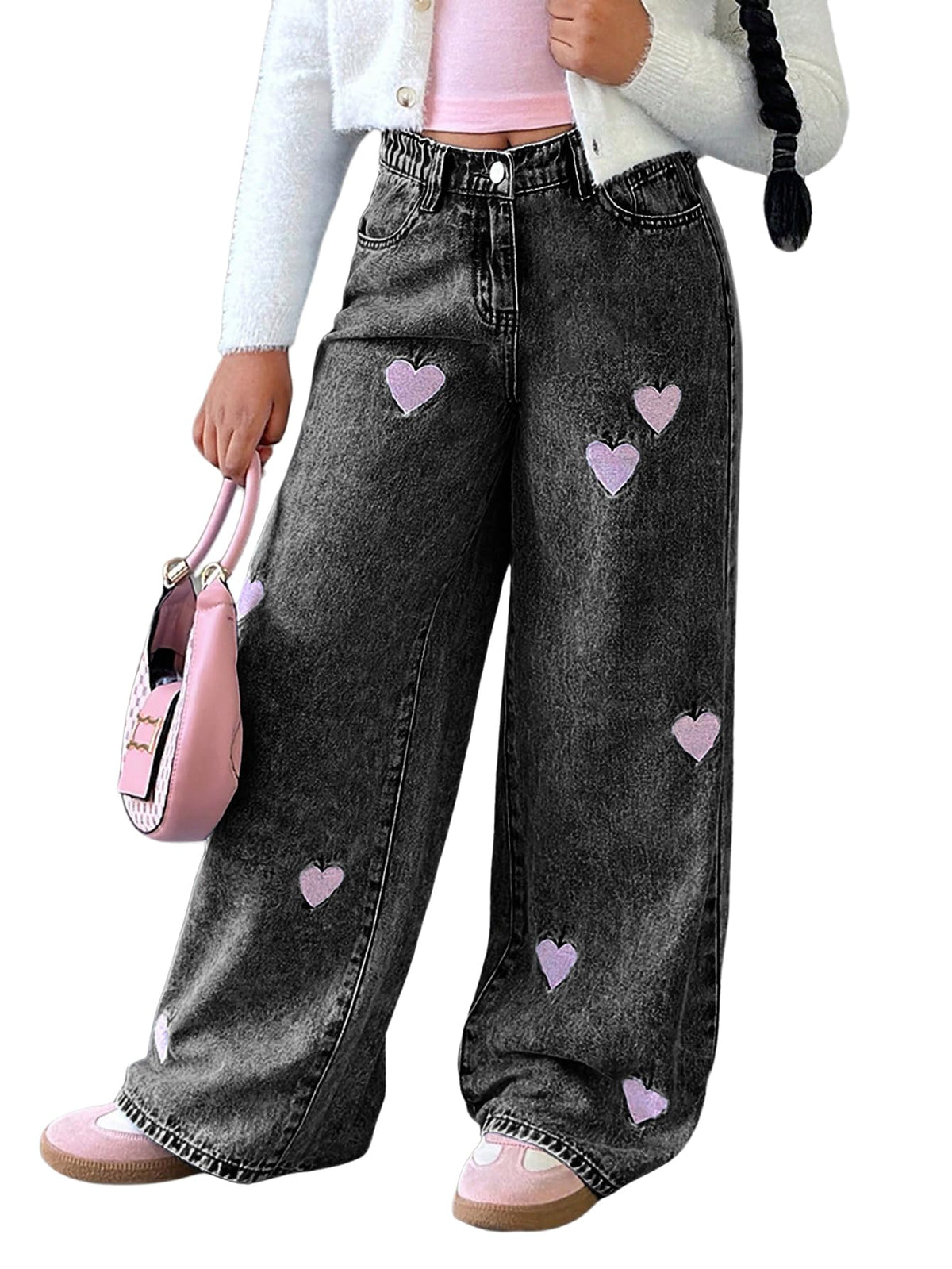 WDIRARA Girl's Heart Embroidered Jeans Elastic Wide Leg Denim Pants
