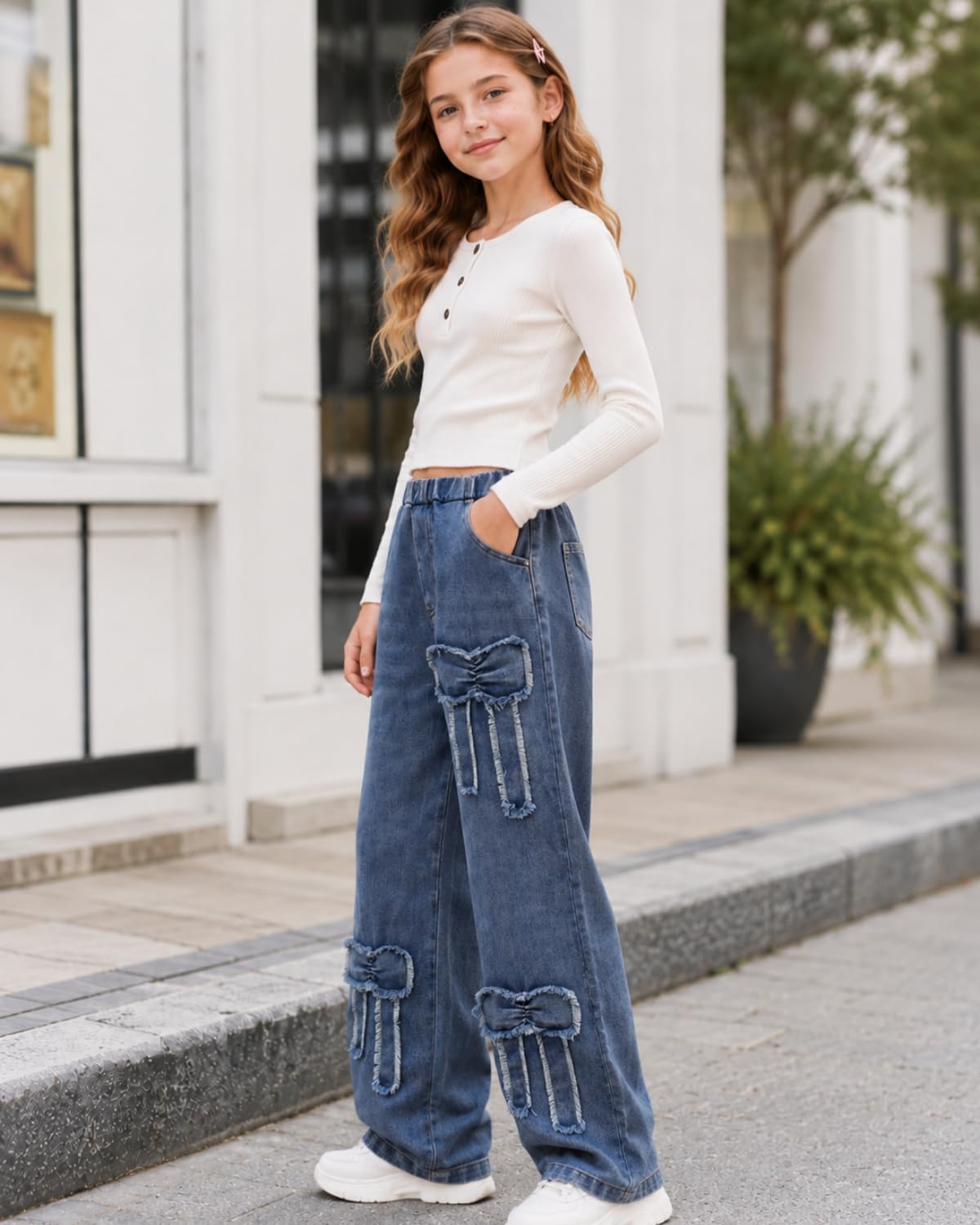 Tween Girls' Jeans Casual Elastic Waist Straight-Leg Denim Pants with Bowknot for Girls Y2K Boyfriend Skater Streetwear 7-14Y