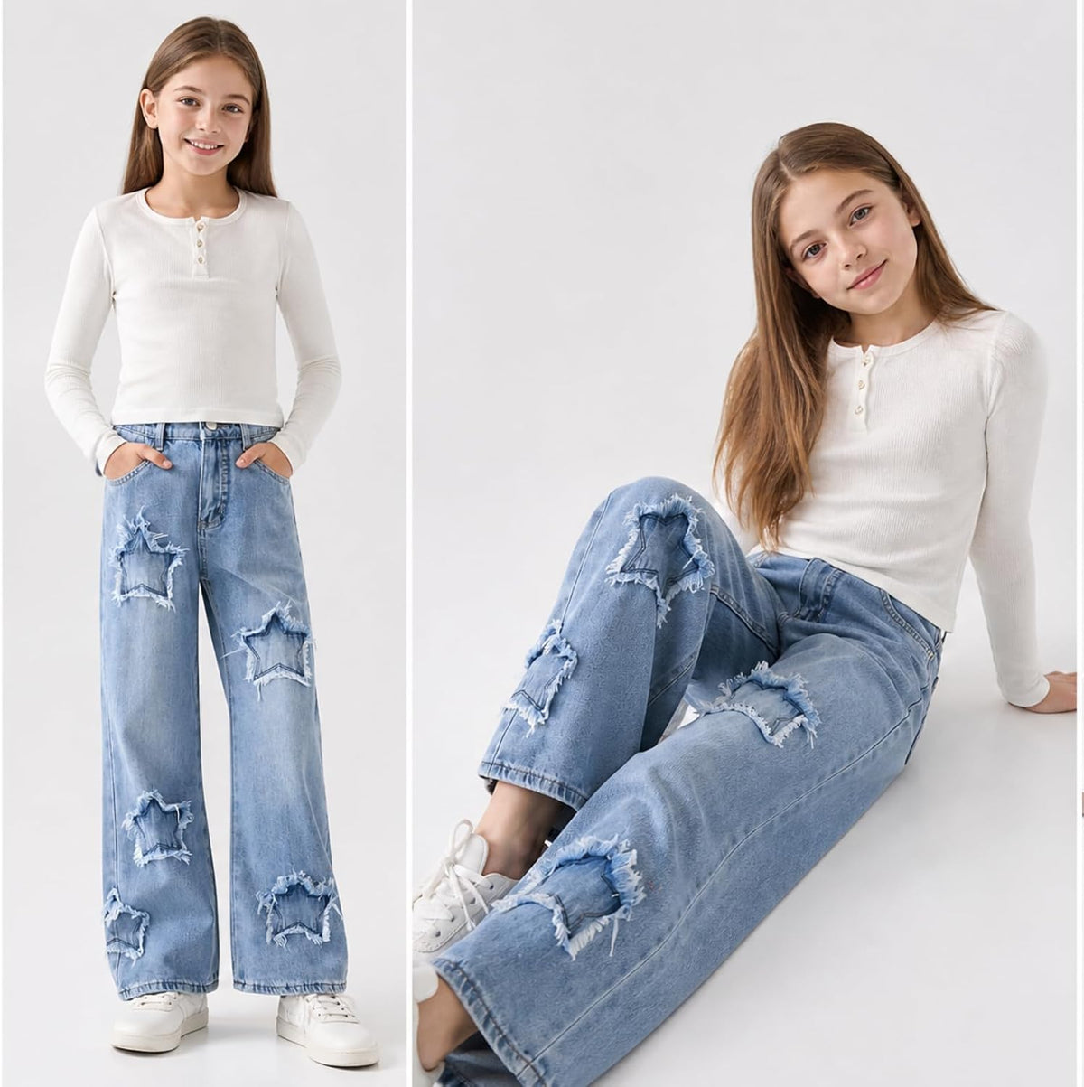 Girls Baggy Ripped Jeans Wide Straight Leg High Waisted Denim Pants 7-14Y