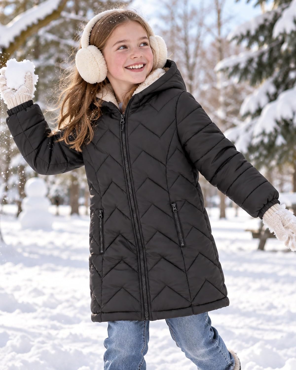 Funnycokid Girls' Winter Coat Sharpa Lined Hooded Long Down Puffer Jacket