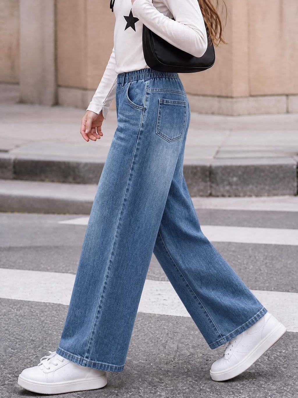 Haloumoning Girls Baggy Wide Leg Jeans High Elastic Waist Denim Pants