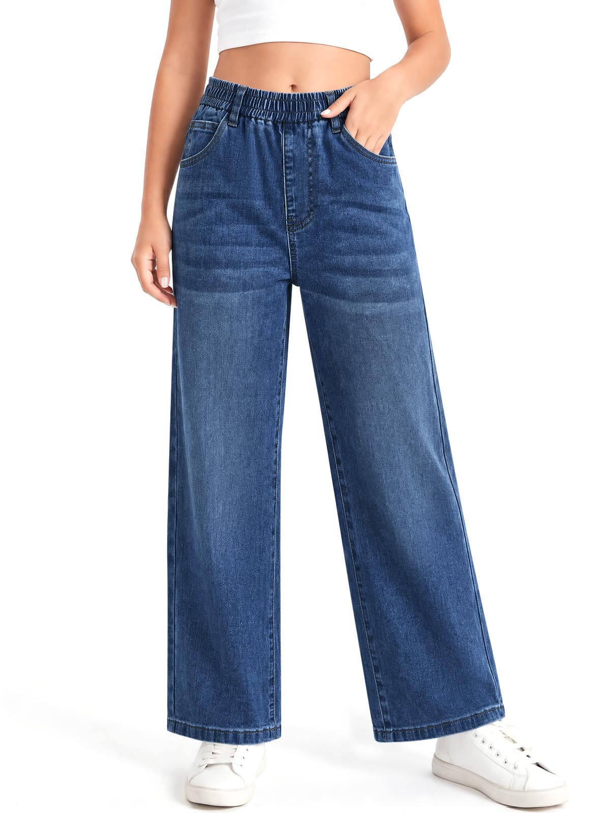 Haloumoning Girls Baggy Wide Leg Jeans High Elastic Waist Denim Pants