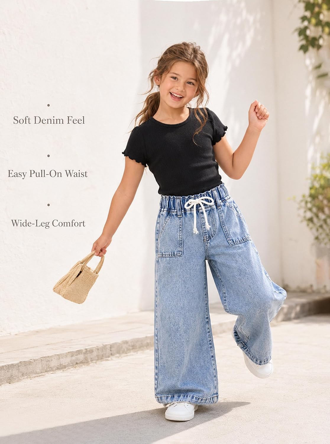 Girls Wide Leg Jeans Elastic Waisted Baggy Denim Pants
