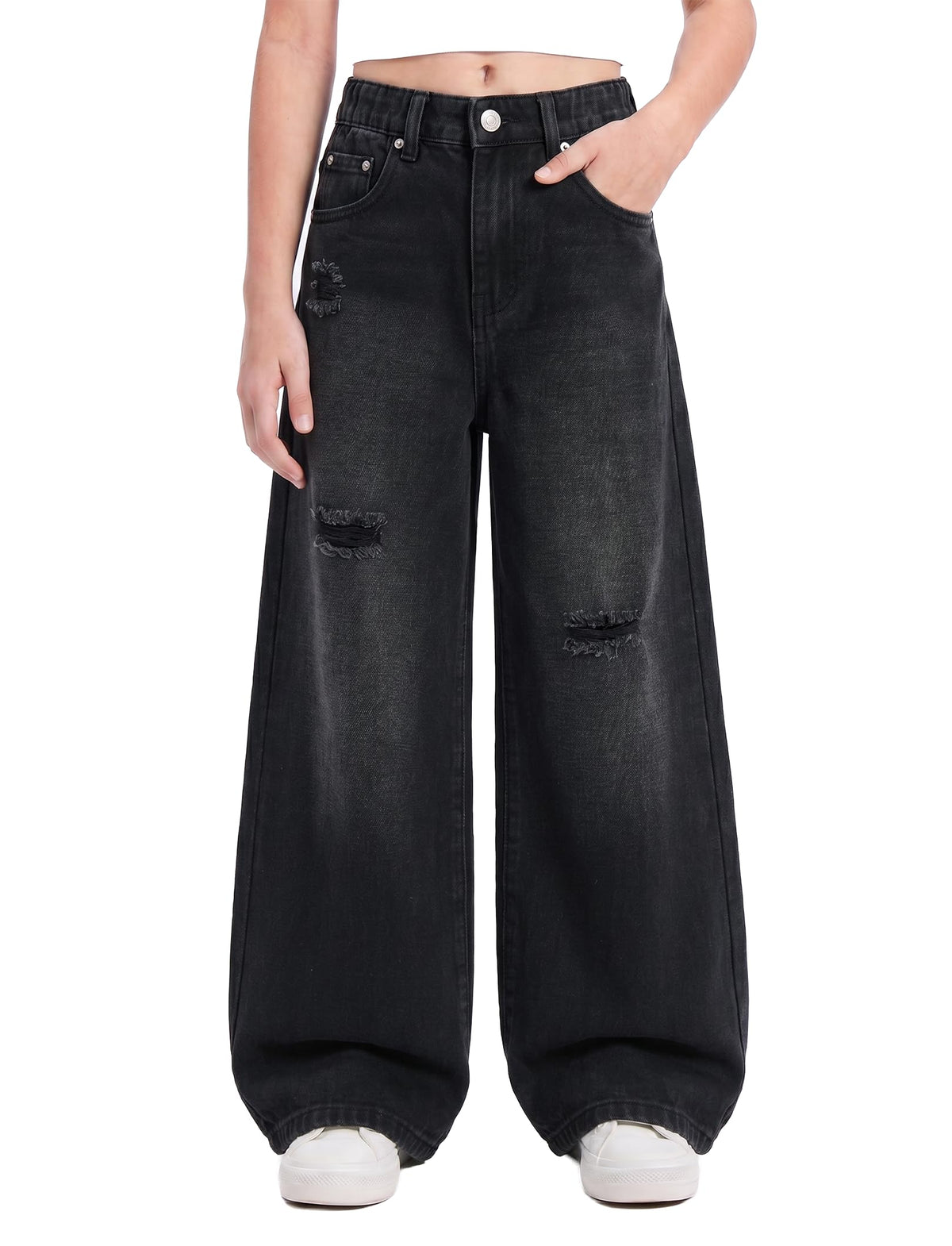 PATPAT Girls Baggy Ripped Jeans 5-14Y, Elastic Waist Wide Leg Denim Pants