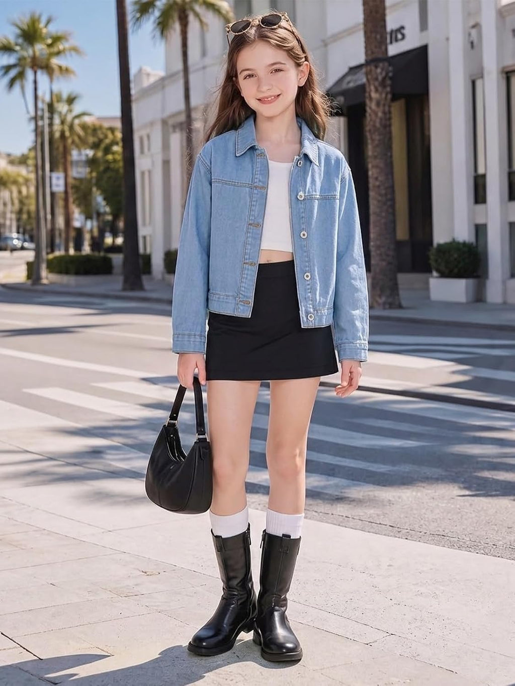 Haloumoning Girls Cropped Denim Jacket Front Button Collared Outerwear