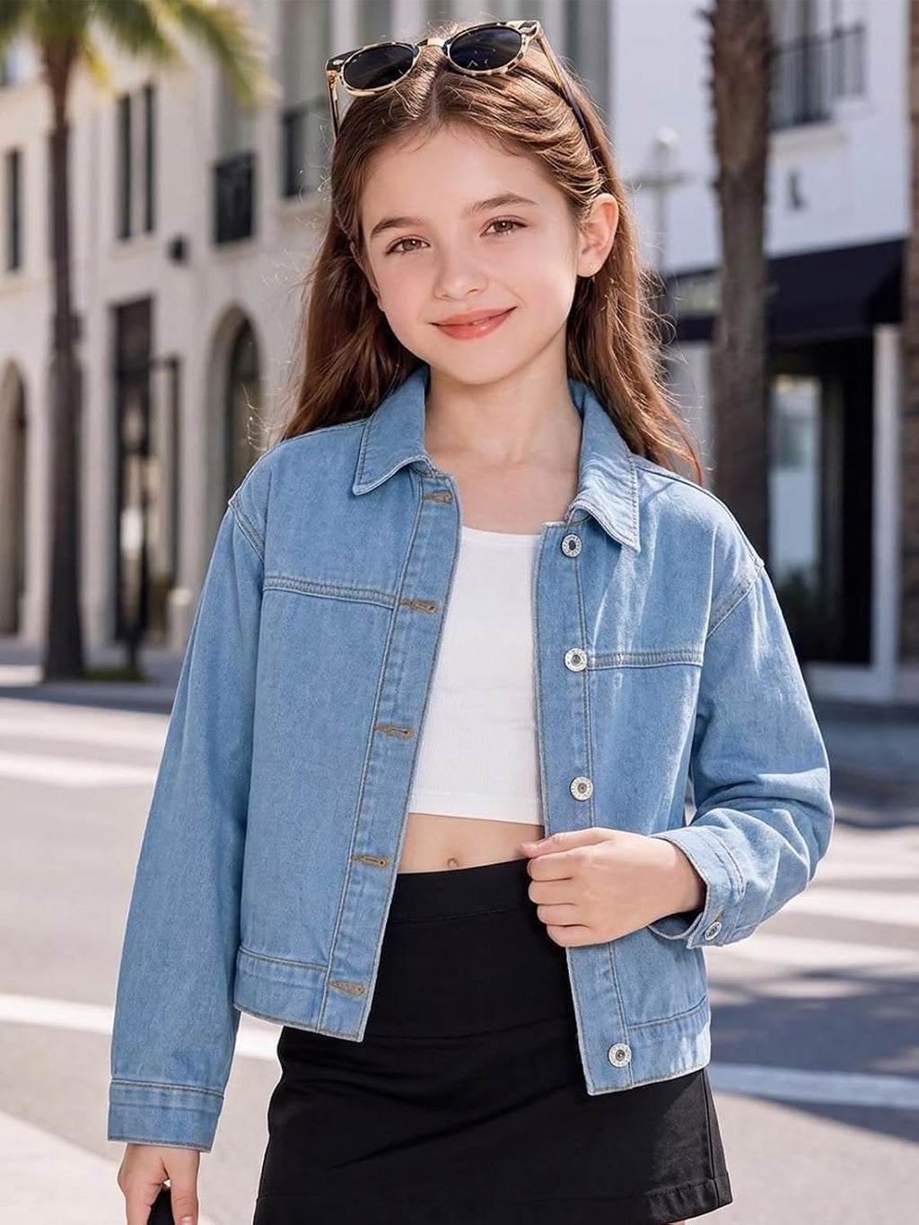 Haloumoning Girls Cropped Denim Jacket Front Button Collared Outerwear