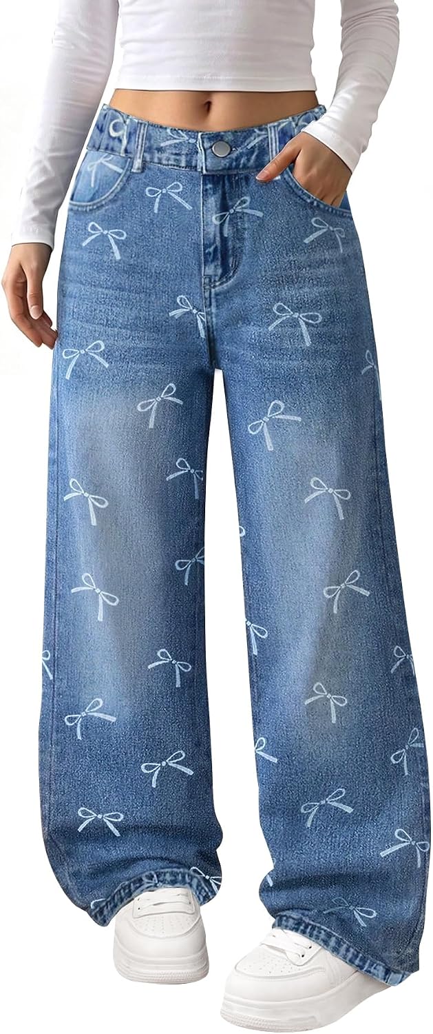 Baggy Jeans for Girls with Bow Wide Leg High Waist Denim Pants