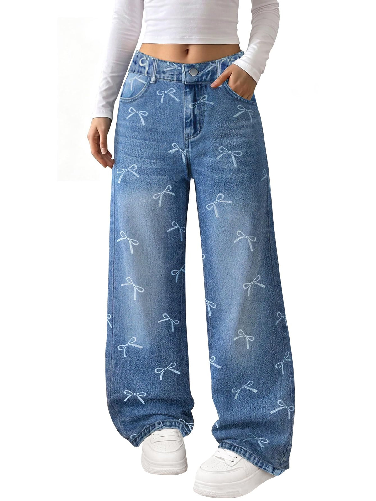 Baggy Jeans for Girls with Bow Wide Leg High Waist Denim Pants