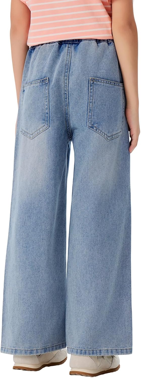 Girls Jeans Embroidery High Elastic Waist Denim Pants with Pockets Y2K Trendy Tween Streetwear 5-14 Years