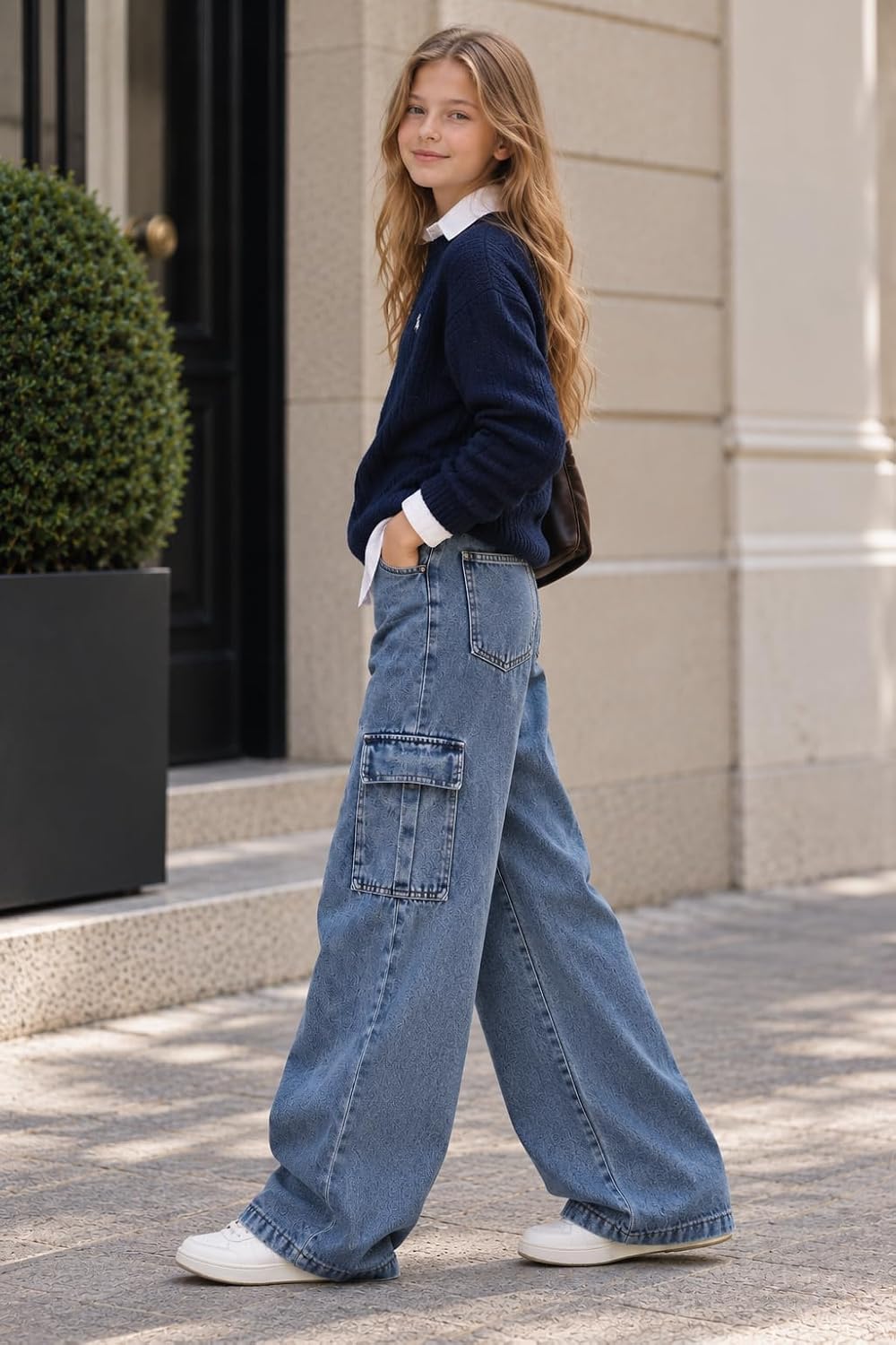 Azmxynol Girls Jeans Denim Cargo Pants Wide Leg Tween Girl High Waist Jean Pant, Size 9-16 Years