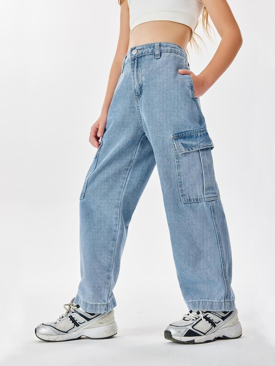 Haloumoning Girls Jeans Baggy High Waisted Wide Leg Cargo Pants 5-14 Years