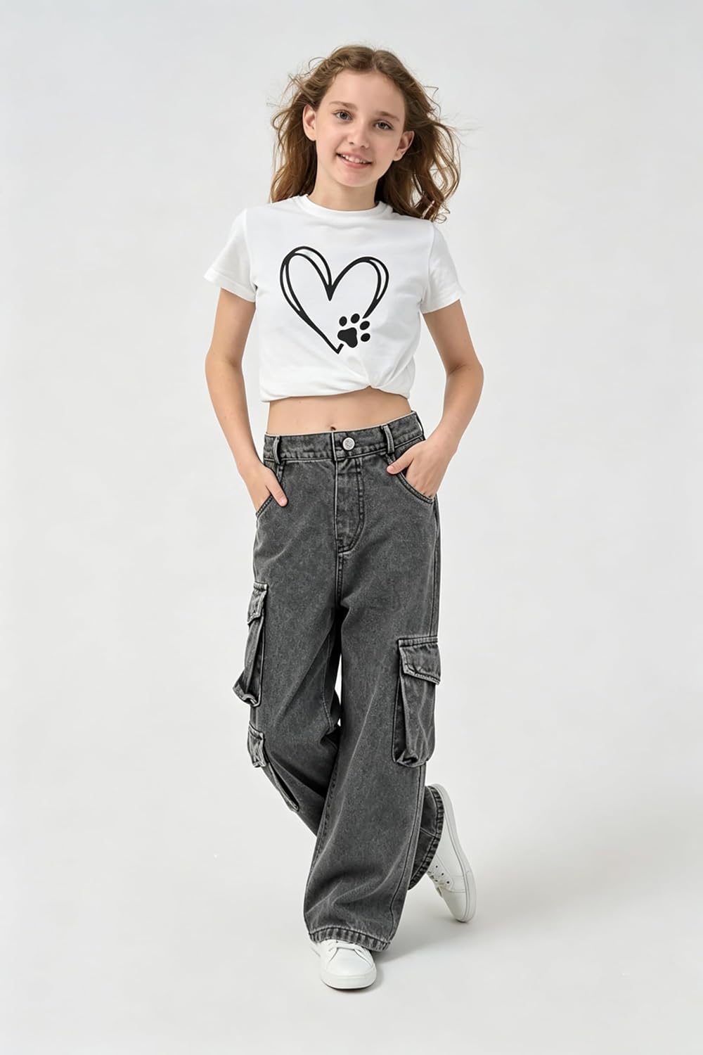 AOWKULAE Girls Baggy Jeans Wide Leg Cargo Denim Pants Kids 5-16Y
