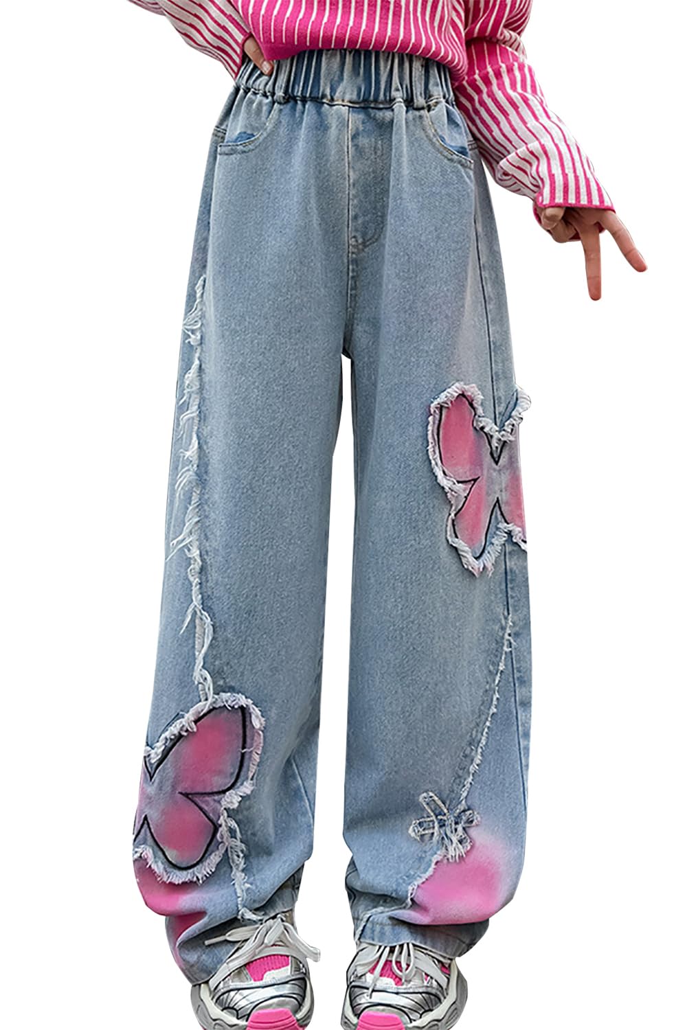 AOWKULAE Girls Baggy Jeans Wide Leg Cargo Denim Pants Kids 5-16Y