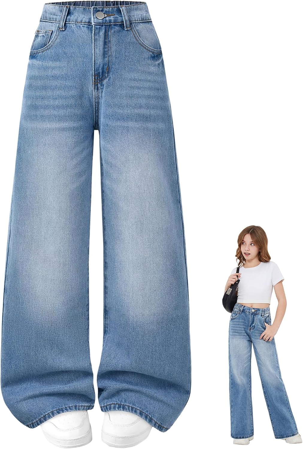 Girls Baggy Jeans Wide Leg Washed Denim Pants with Pockets 7-14Y