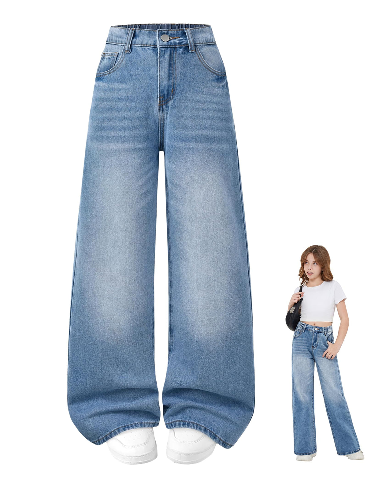 Girls Baggy Jeans Wide Leg Washed Denim Pants with Pockets 7-14Y