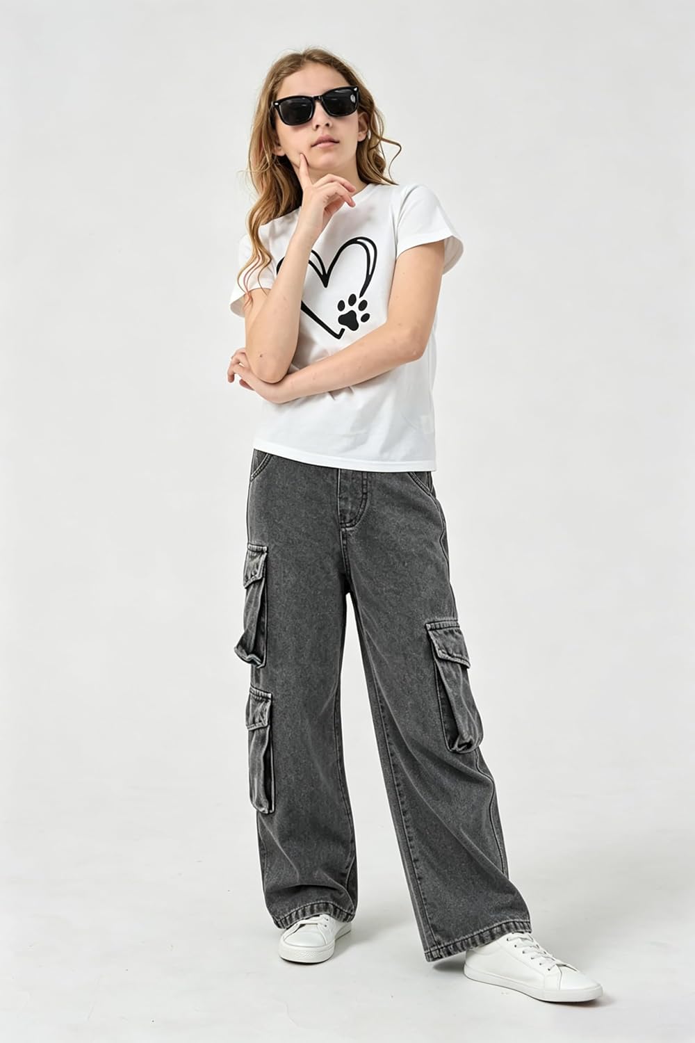 AOWKULAE Girls Baggy Jeans Wide Leg Cargo Denim Pants Kids 5-16Y