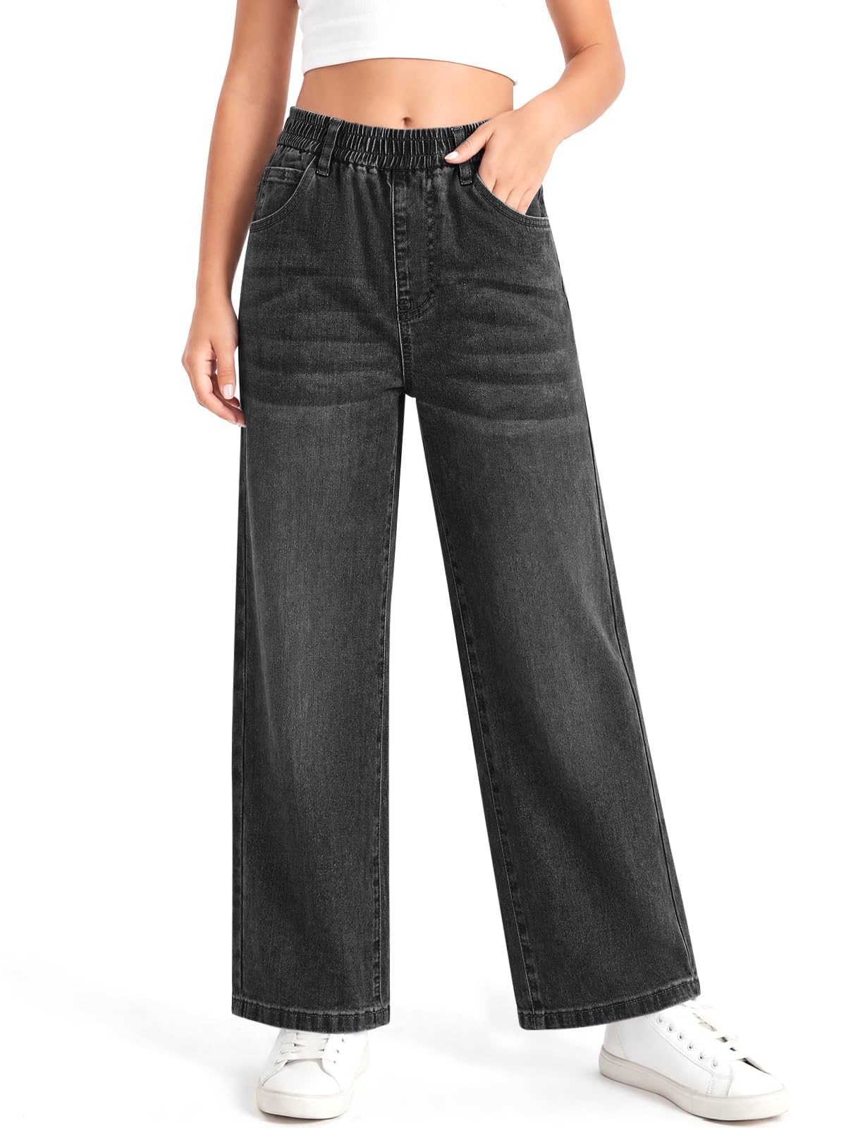 Haloumoning Girls Baggy Wide Leg Jeans High Elastic Waist Denim Pants