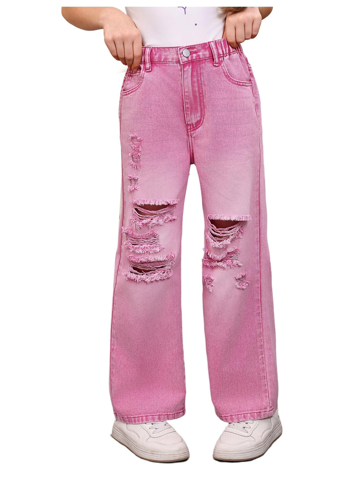 Floerns Girl's Elastic High Waisted Ripped Baggy Jeans Wide Leg Distressed Denim Pants