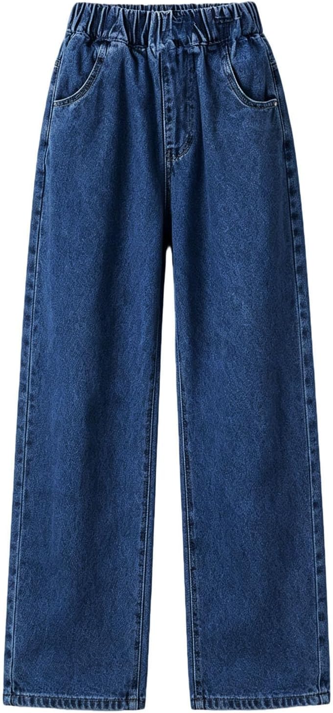Girls Jeans Trendy Elastic Waist Straight Leg Denim Pants Kids Teen Clothes