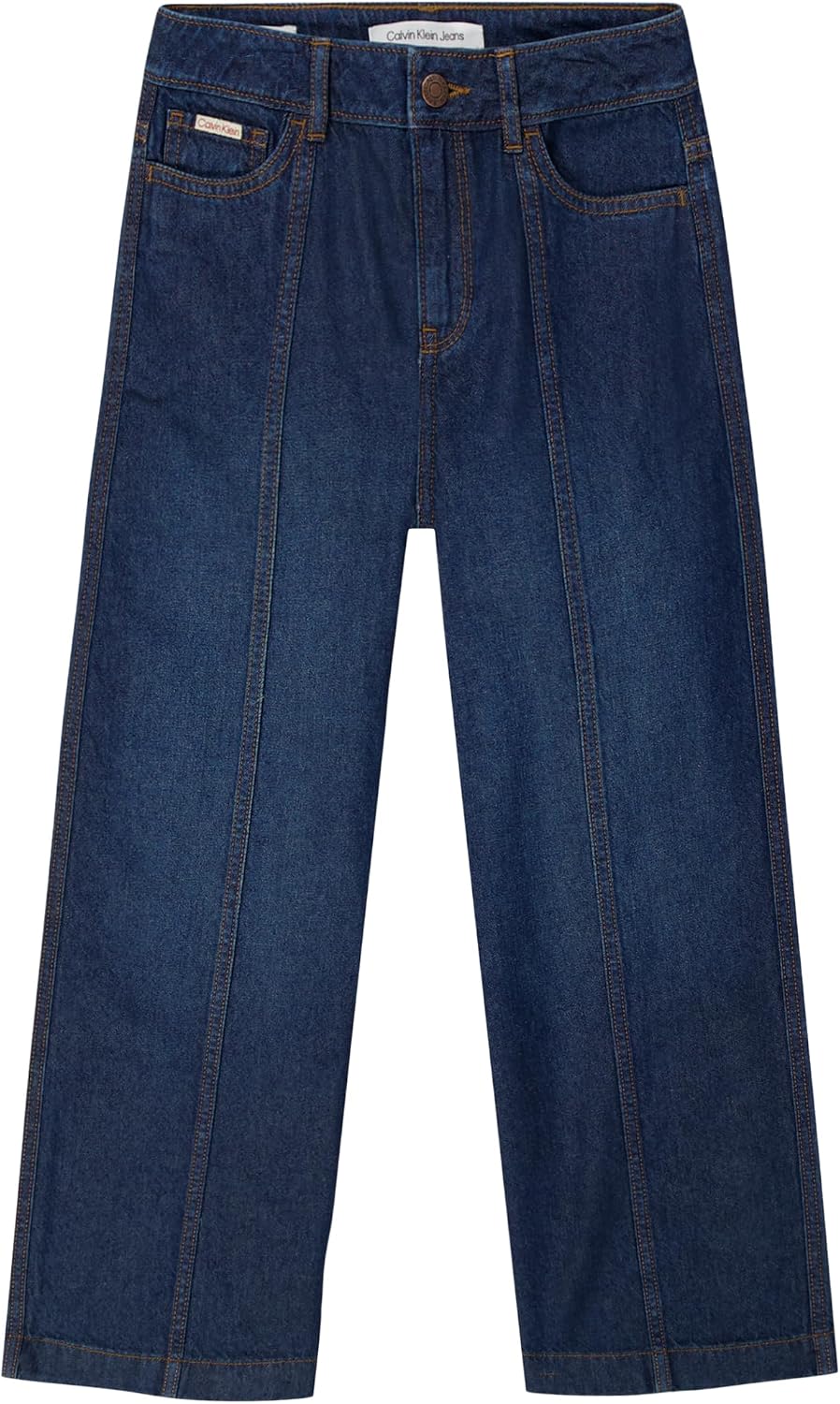 Calvin Klein Girls' 5-Pocket Seamed Wide Leg Denim Jean, Zipper Fly & Button Closure
