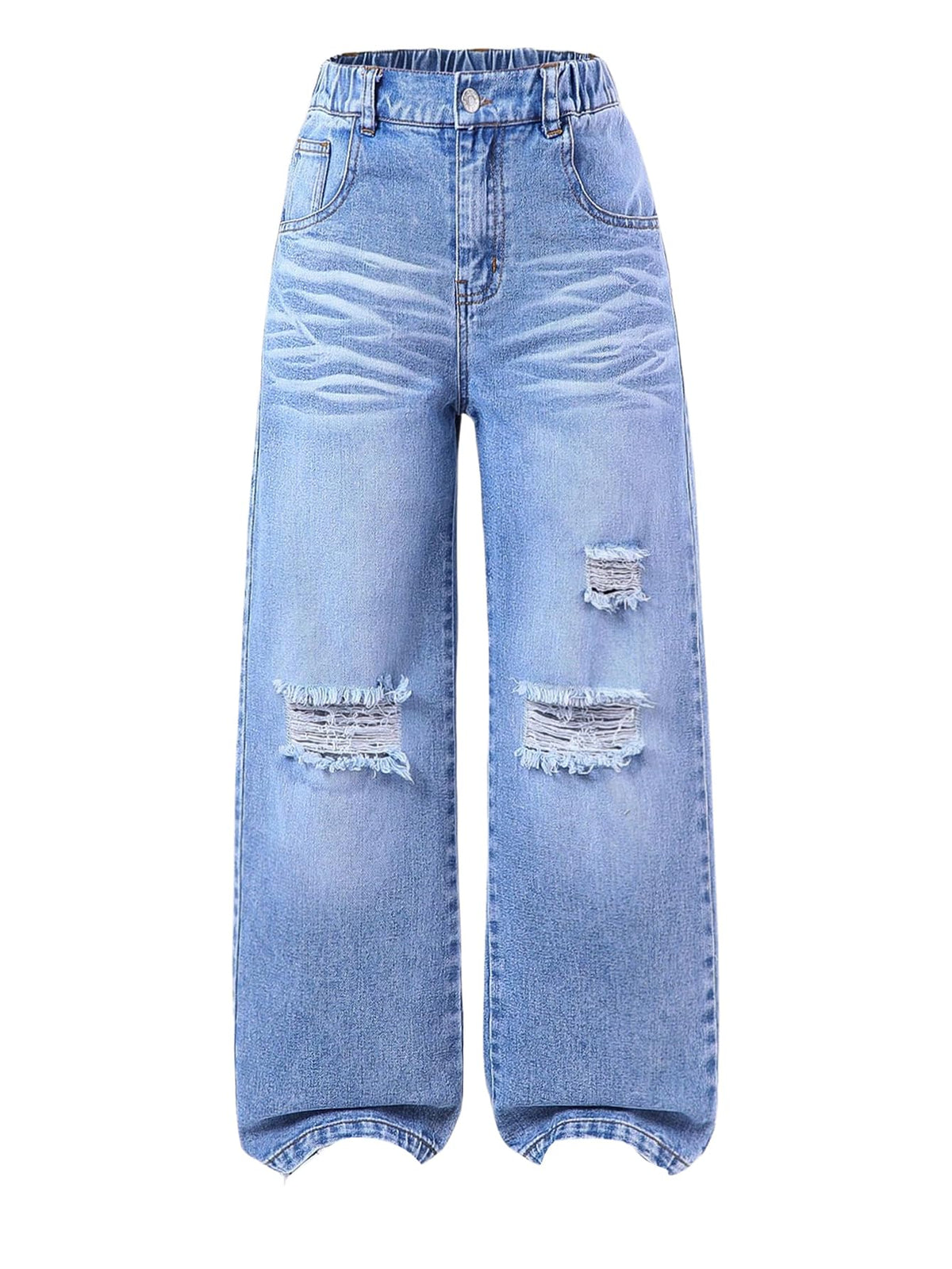 Floerns Girl's Elastic High Waisted Ripped Baggy Jeans Wide Leg Distressed Denim Pants