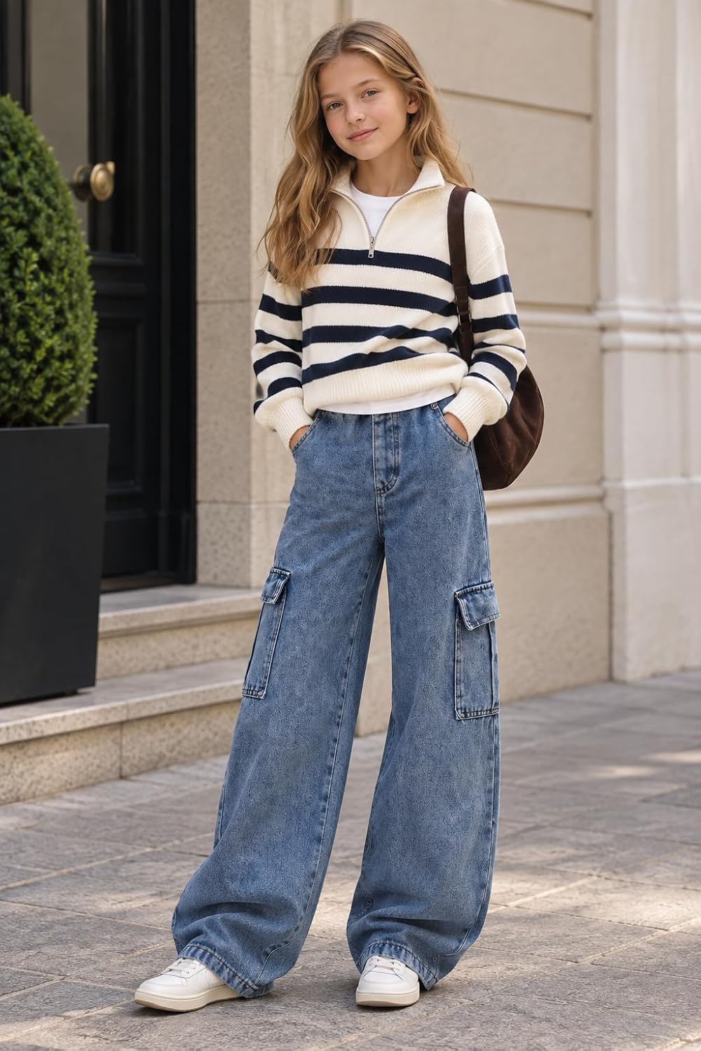 Azmxynol Girls Jeans Denim Cargo Pants Wide Leg Tween Girl High Waist Jean Pant, Size 9-16 Years