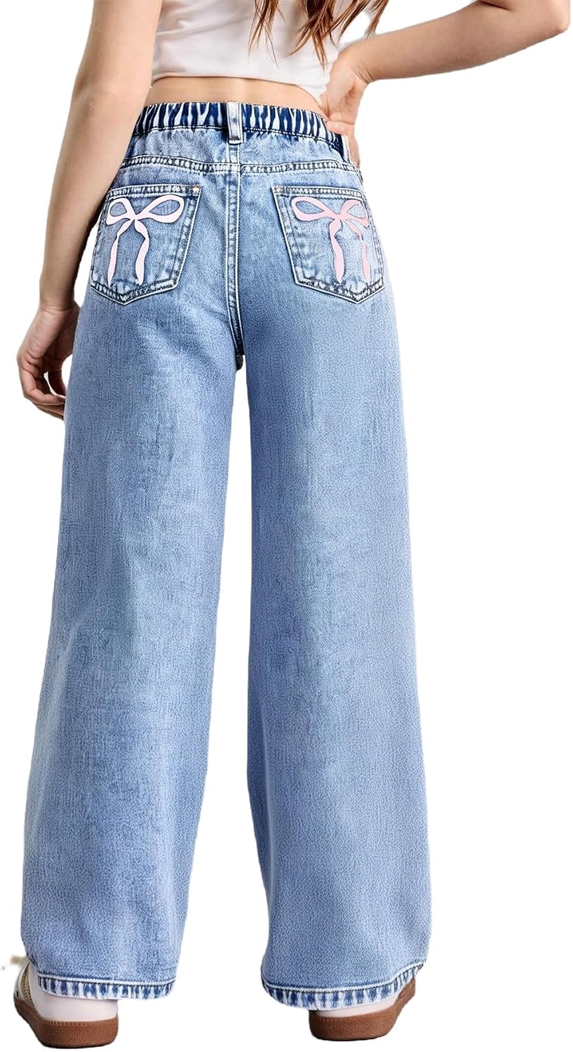 WDIRARA Girl's Bow Print Jeans Elastic High Waist Wide Leg Cute Denim Pants