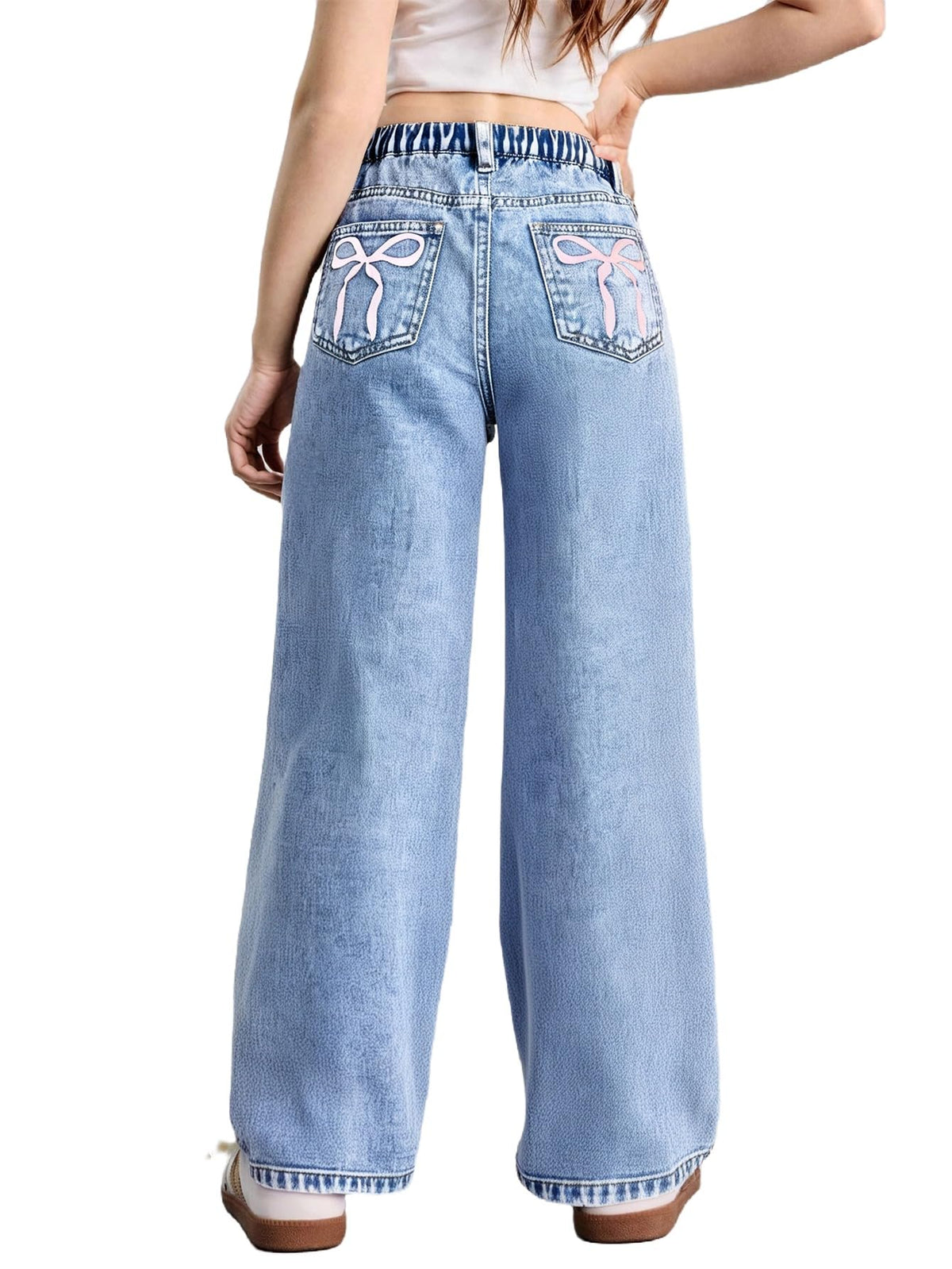 WDIRARA Girl's Bow Print Jeans Elastic High Waist Wide Leg Cute Denim Pants