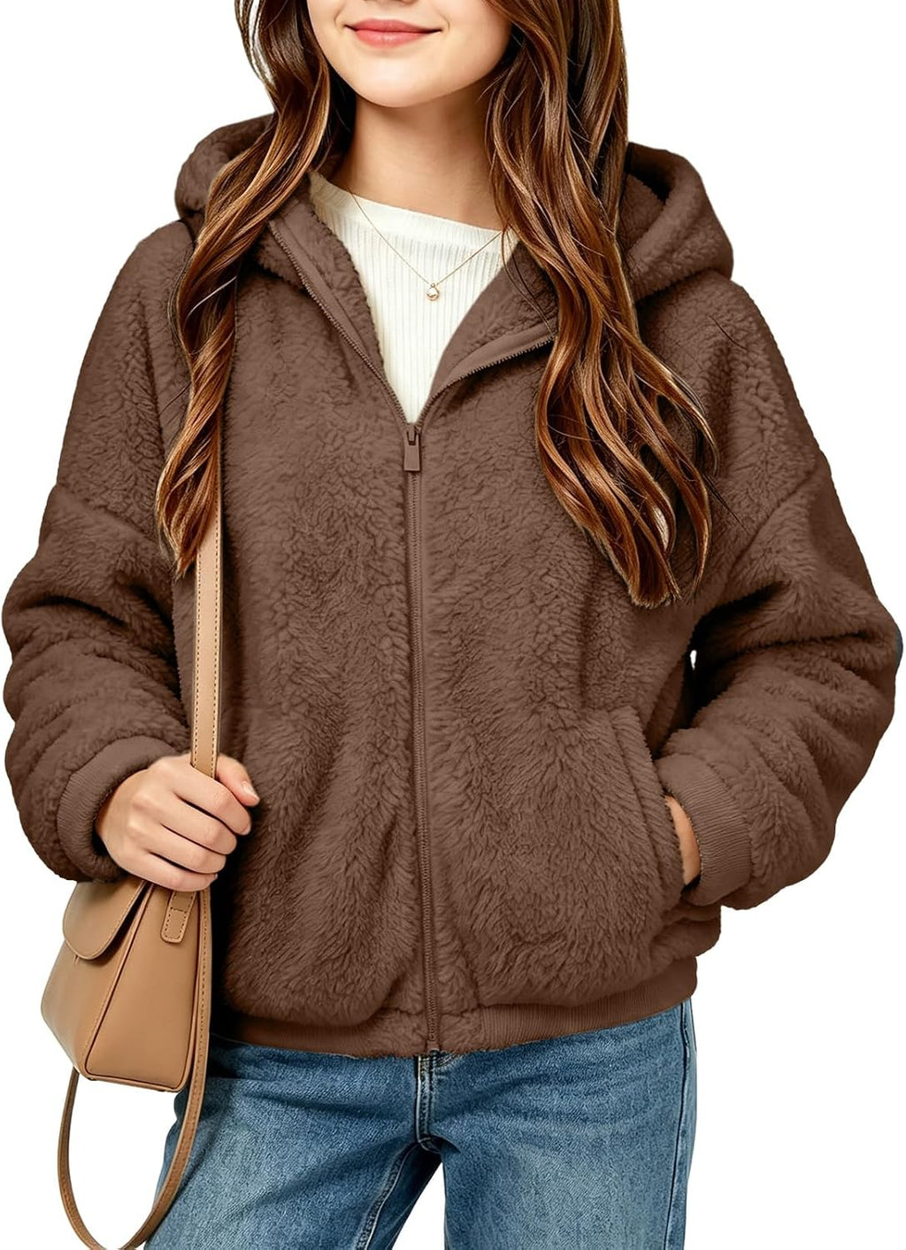 Putysenxi Girls Zip Up Fleece Jacket Stand Collar Sherpa Coat Kids Loose Fall Winter Soft Fuzzy Outerwear with Pockets
