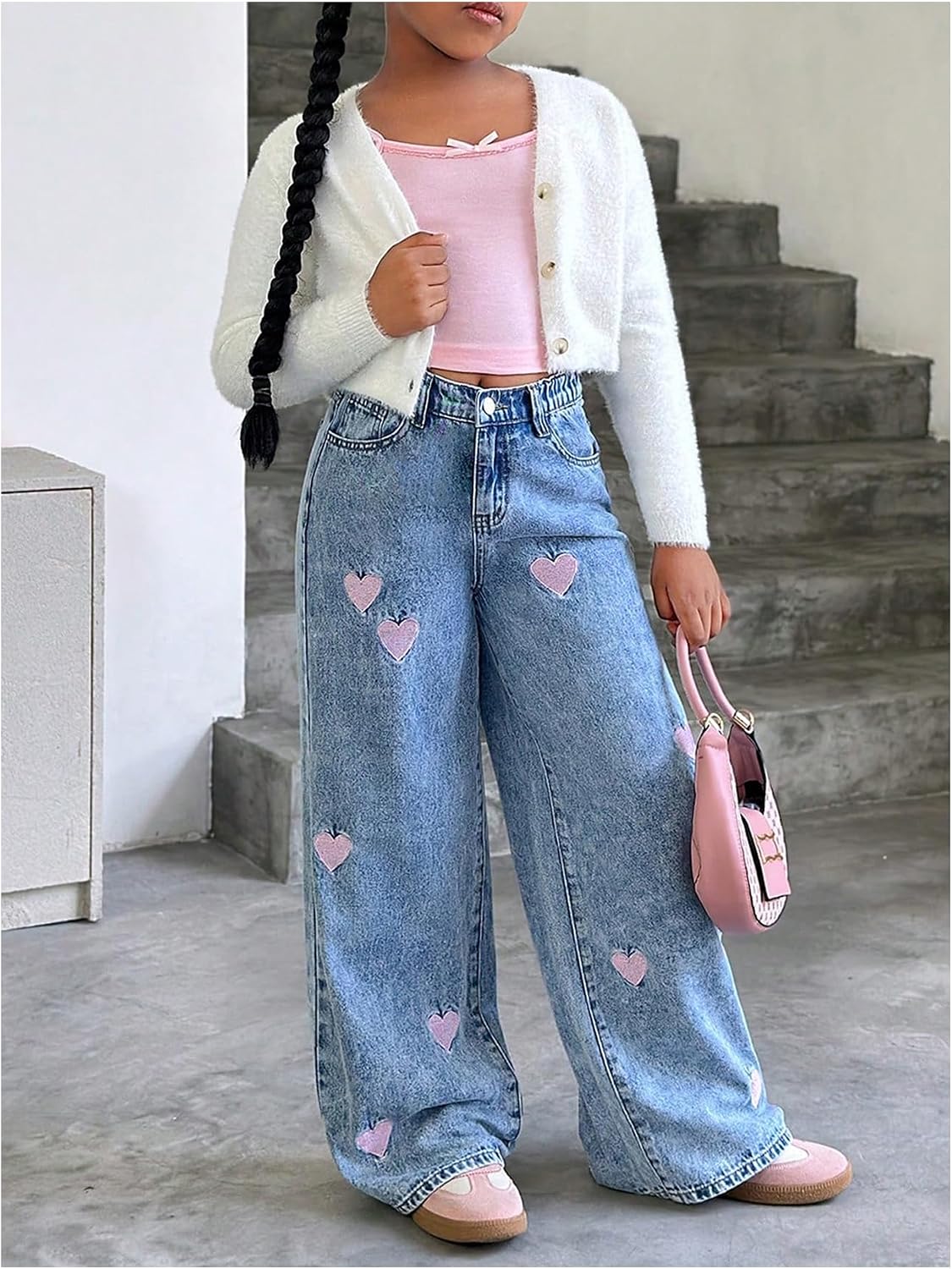 WDIRARA Girl's Heart Embroidered Jeans Elastic Wide Leg Denim Pants