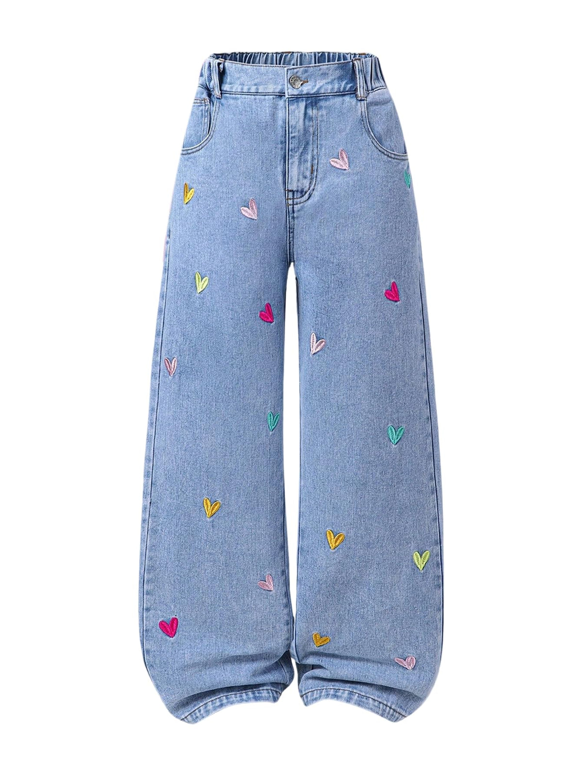 WDIRARA Girl's Heart Embroidered Jeans Elastic Wide Leg Denim Pants
