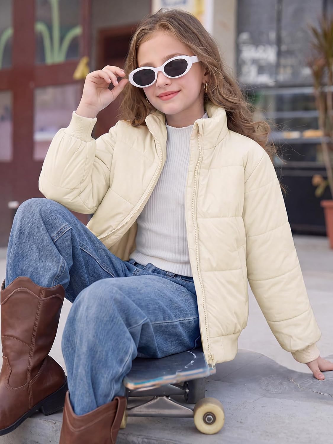 Haloumoning Girls Short Puffer Jacket Warm Stand Collar Winter Coat