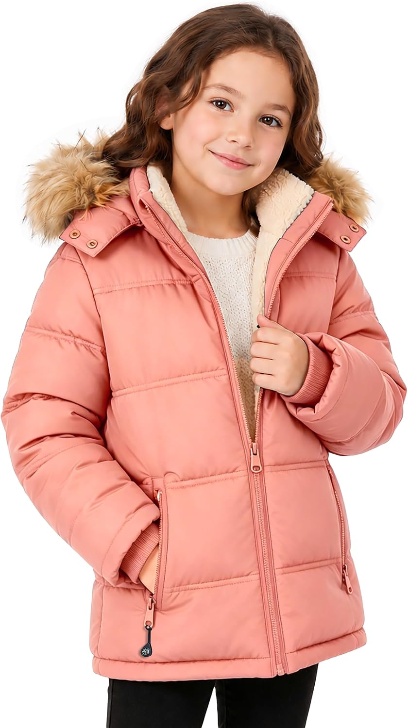 Boy's Girl's Winter Coat Puffer Sherpa Warm Jacket with Detachable Fur Hood