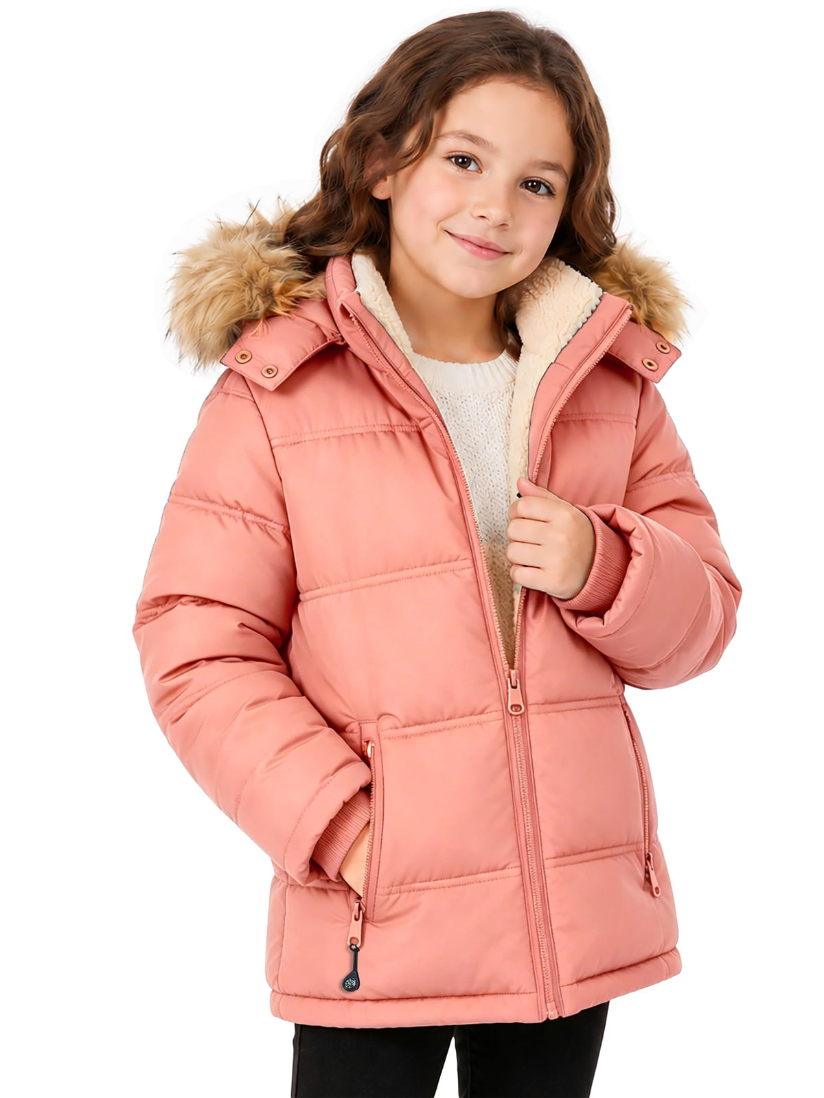 Boy's Girl's Winter Coat Puffer Sherpa Warm Jacket with Detachable Fur Hood