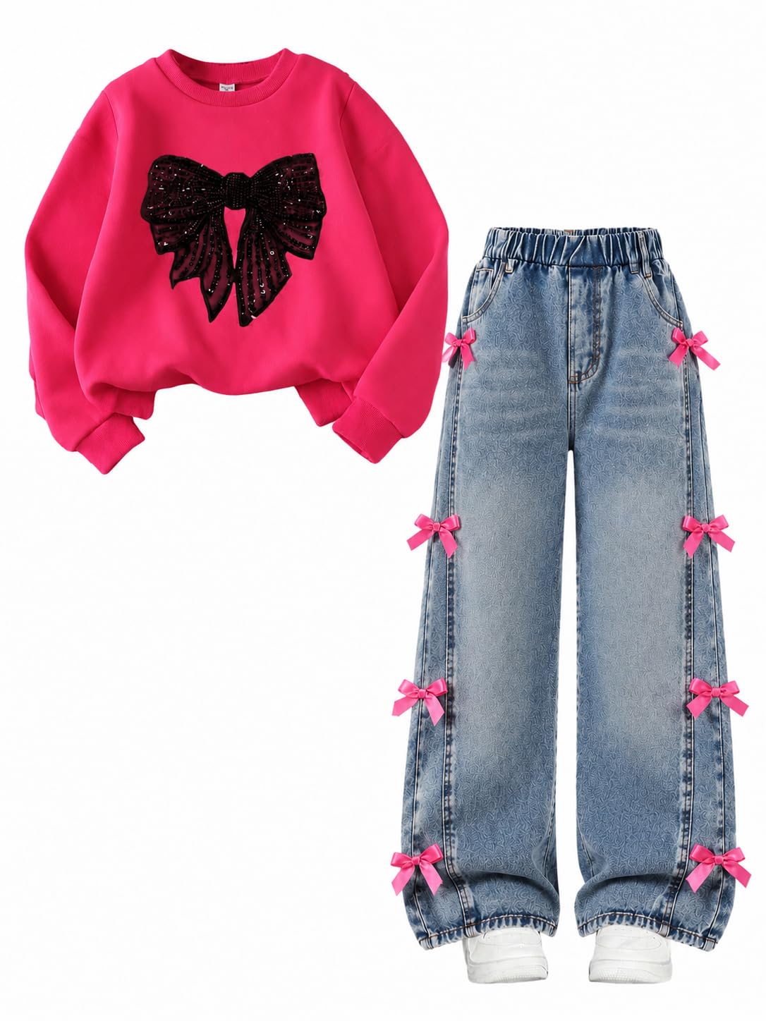 Cakaner Girls Clothes 2 Piece Fall Outfit Set Bow Long Sleeve Top and Denim Jeans Size 6-12