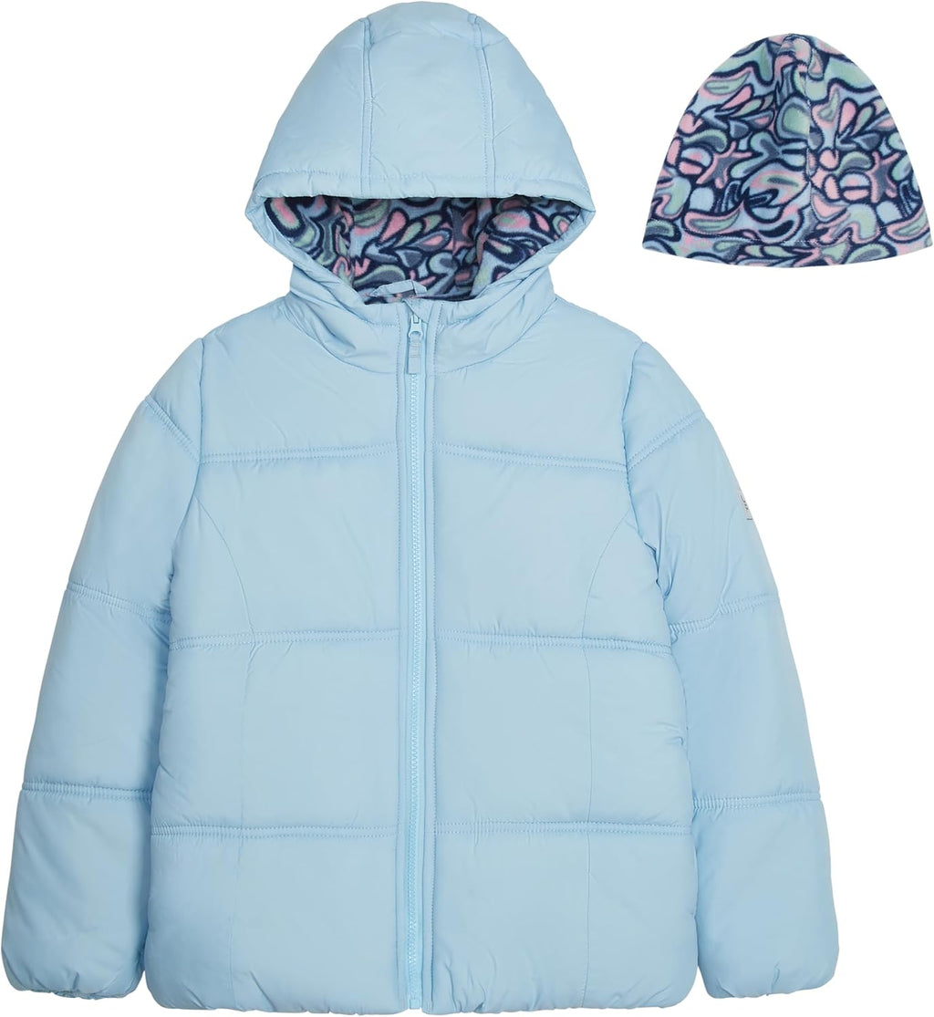 LONDON FOG Baby Girls' Heavyweight Quilted Puffer Jacket with Fleece Beanie