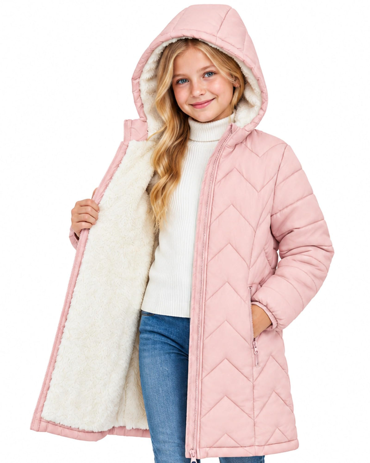 Funnycokid Girls' Winter Coat Sharpa Lined Hooded Long Down Puffer Jacket