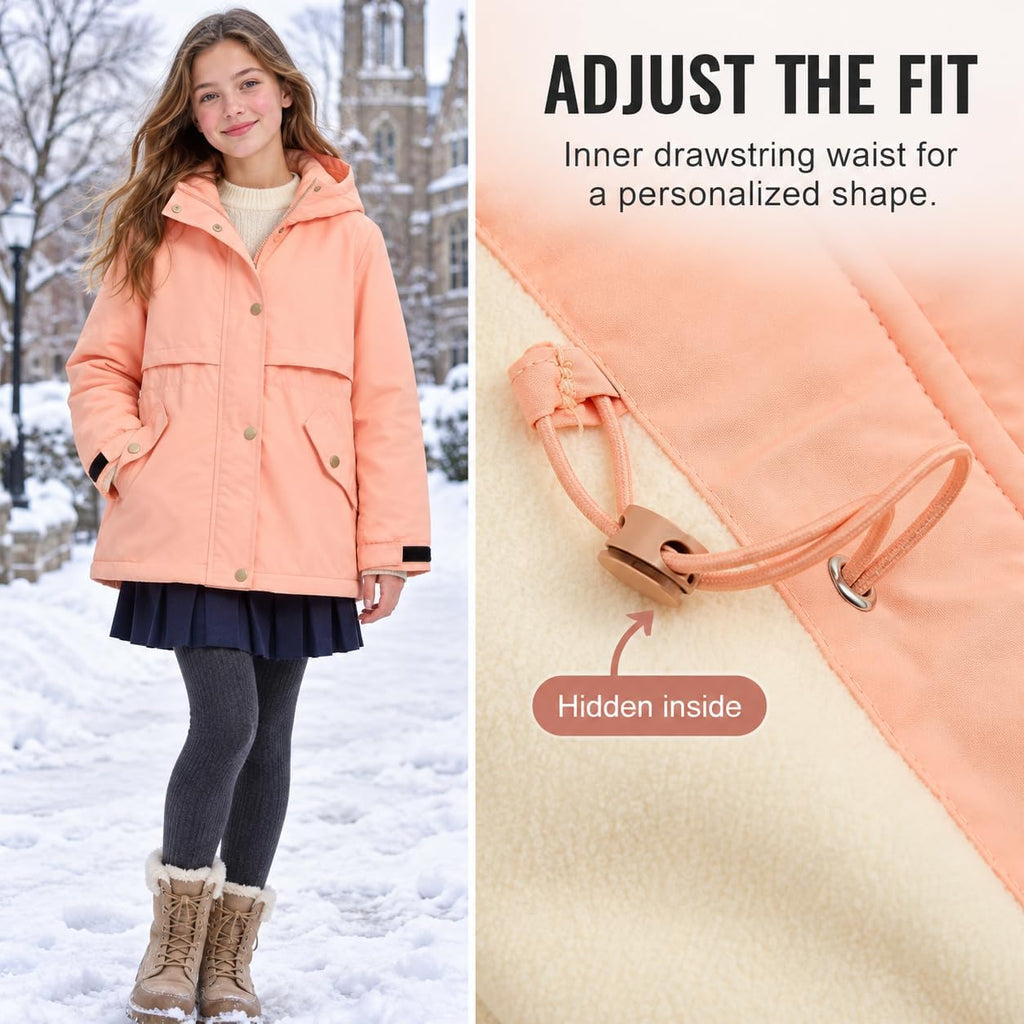 JiAmy Girls Fleece Lined Hooded Jacket Adjustable Waist School Coat 4-14Y