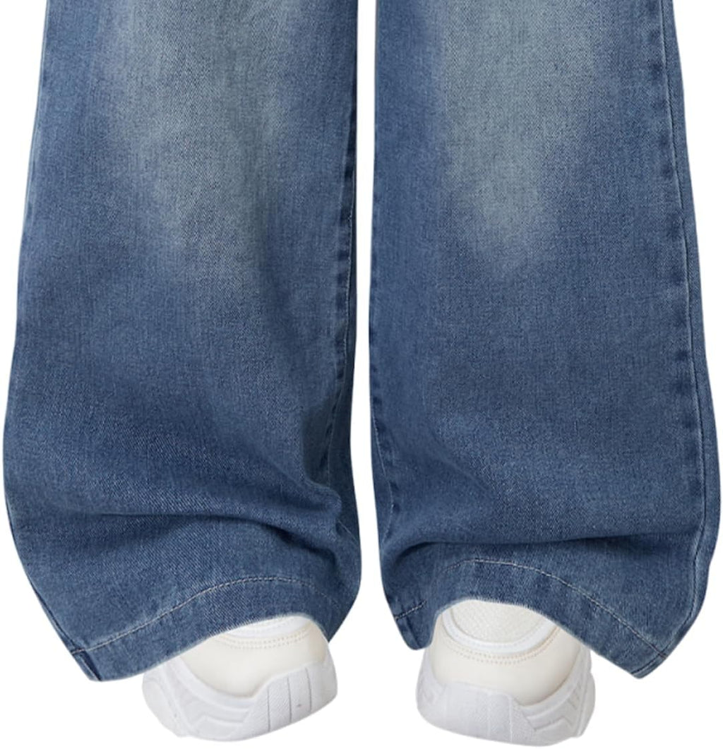 Nivne Tco Tween Girls Wide Leg Jeans - Zipper Fly and Pockets, Elastic Waistband Cute Baggy Denim Pants for Girls Clothing