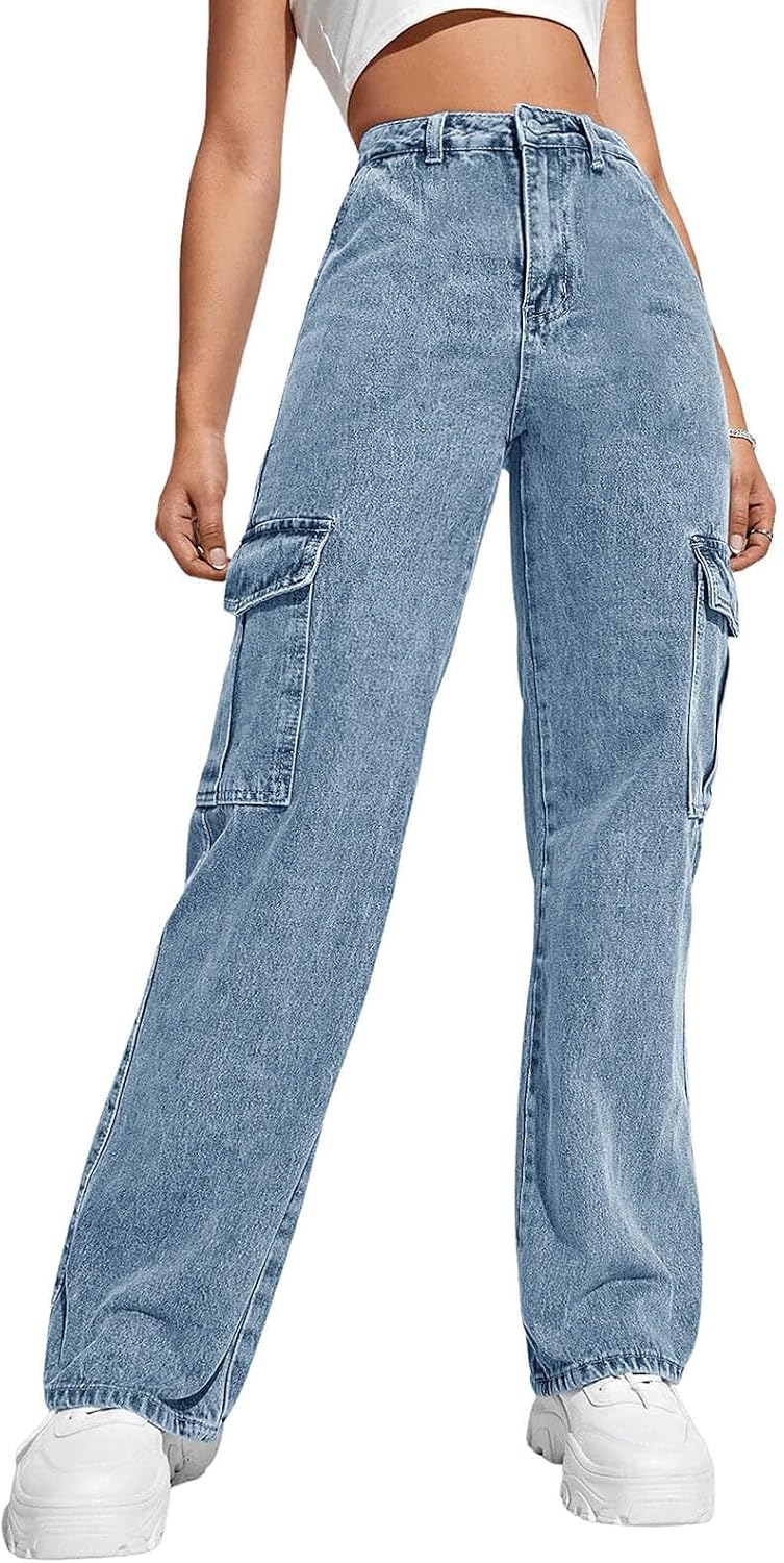 Haloumoning Girls Jeans Baggy High Waisted Wide Leg Cargo Pants 5-14 Years