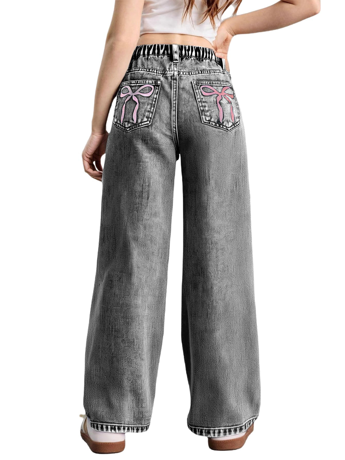 WDIRARA Girl's Bow Print Jeans Elastic High Waist Wide Leg Cute Denim Pants
