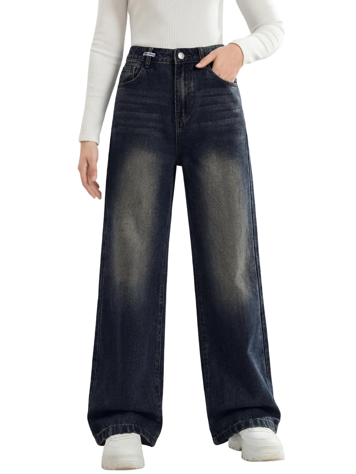 Girls Baggy Jeans Wide Leg Denim Pants Elastic Waist Pockets Kids Teen